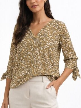 Michael Kors Chain Print Blouse Gold Cream V-Neck Tie Sleeve Top Size M
